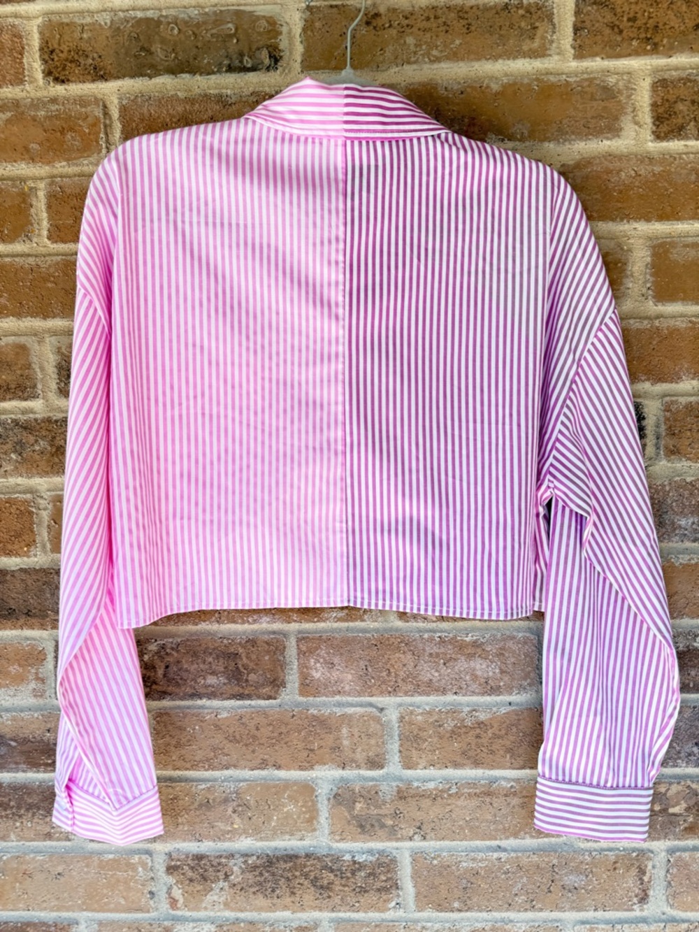 Fashion Nova Pink and White Striped Cropped Button-Up Blouse - Picture 3 of 3